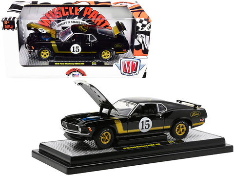 1970 Ford Mustang BOSS 302 #15 "Muscle Parts" Black with Gold Stripes Limited Edition to 6,600 pieces Worldwide 1/24 Diecast Model Car by M2 Machines