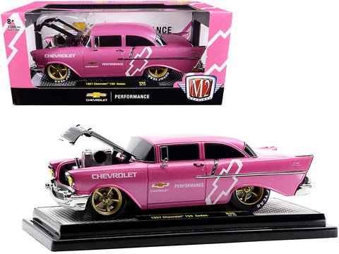 1957 Chevrolet 150 Sedan Medium Pink Pearl with Black Hood and Graphics Limited Edition to 7,000 pieces Worldwide 1/24 Diecast Model Car by M2 Machines
