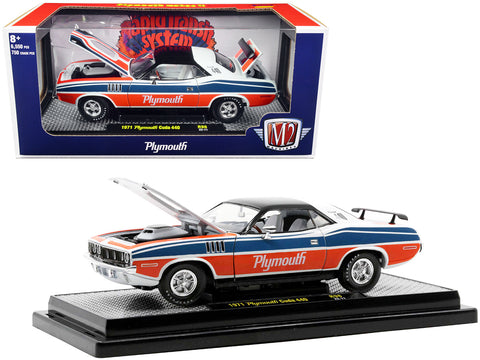 1971 Plymouth Barracuda 440 Pearl White with Blue and Red Stripes and Black Top Limited Edition to 6,550 pieces Worldwide 1/24 Diecast Model Car by M2 Machines