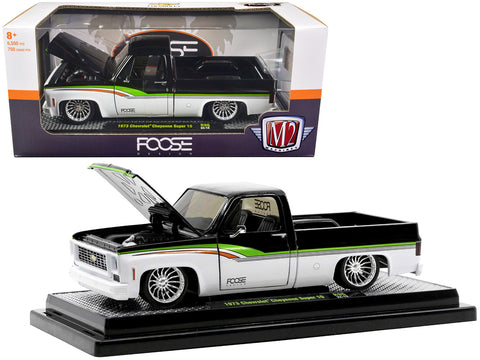 1973 Chevrolet Cheyenne Super 10 Pickup Truck Black and Bright White with Stripes "FOOSE Design" Limited Edition to 6,550 pieces Worldwide 1/24 Diecast Model by M2 Machines