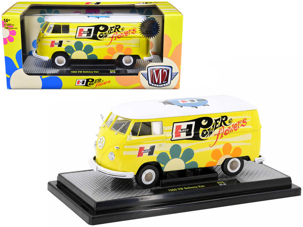 1960 Volkswagen Delivery Van Yellow with Bright White Top and Flower Graphics "Hurst Power Flowers" Limited Edition to 6,550 pieces Worldwide 1/24 Diecast Model by M2 Machines