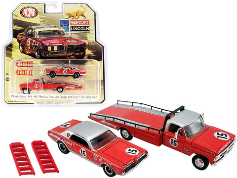 Ford F-350 Ramp Truck with 1967 Mercury Trans Am Cougar #15 Parnelli Jones Red with Silver Top "ACME Exclusive" 1/64 Diecast Models by Greenlight for ACME