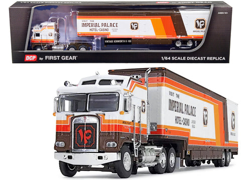 Kenworth K100 COE Aerodyne Sleeper Cab and Kentucky Moving Trailer White and Brown with Stripes "Visit Imperial Palace Hotel and Casino Las Vegas" "Fallen Flag" Series 1/64 Diecast Model by DCP/First Gear
