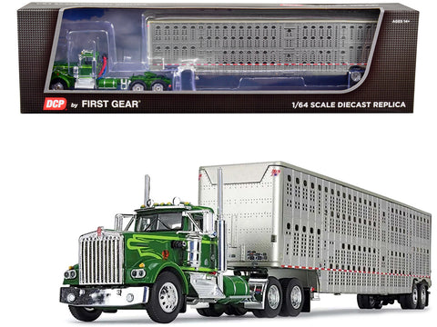 Kenworth W900A Day Cab and Wilson Silverstar Livestock Tandem-Axle Trailer Neon and Dark Green 1/64 Diecast Model by DCP/First Gear
