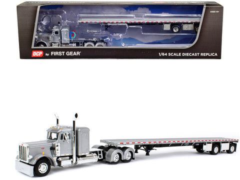 Peterbilt 359 with 36" Flat Top Sleeper and Wilson Roadbrute Spread-Axle Flatbed Trailer Silver and Black 1/64 Diecast Model by DCP/First Gear