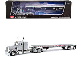 Peterbilt 359 with 36" Flat Top Sleeper and Wilson Roadbrute Spread-Axle Flatbed Trailer Silver 1/64 Diecast Model by DCP/First Gear