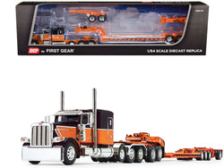 Peterbilt 389 with 63" Flat Top Sleeper and Fontaine Magnitude Tri-Axle Lowboy Trailer with Jeep and Stinger Black and Orange 1/64 Diecast Model by DCP/First Gear