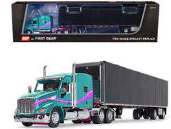 Peterbilt 579 with 72" Mid-Roof Sleeper and 53' Utility RollTarp Trailer Teal and Black with Purple Stripes 1/64 Diecast Model by DCP/First Gear