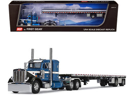 Peterbilt 359 with 36" Flat Top Sleeper and Wilson Roadbrute 53' Flatbed Spread-Axle Trailer Blue Metallic with White Stripes 1/64 Diecast Model by DCP/First Gear