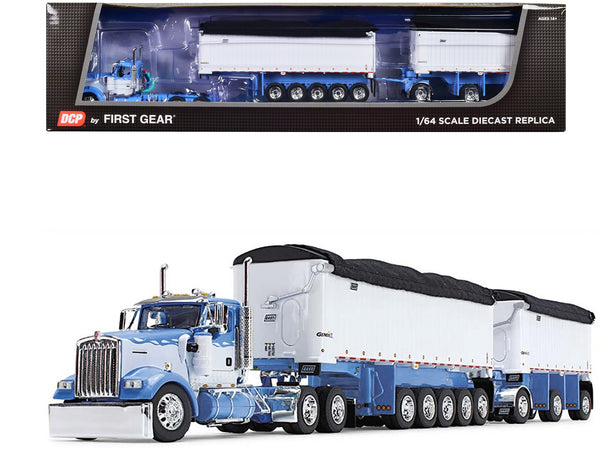 Kenworth W900L Day Cab and East Michigan Series 31' and 20' End Dump Trailers Wisteria Blue and White 1/64 Diecast Model by DCP/First Gear