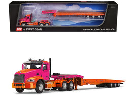 Mack Pinnacle Day Cab with Aftermarket Minimizer Parts and Talbert 5553TA Traveling-Axle Trailer Orange and Fuchsia 1/64 Diecast Model by DCP/First Gear