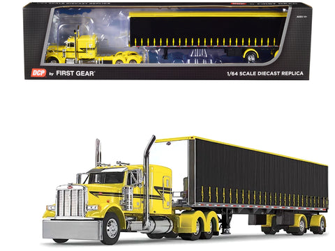 Peterbilt 379 with 63" Flat Top Sleeper and 53' Utility Tautliner Spread-Axle Trailer Yellow and Black 1/64 Diecast Model by DCP/First Gear