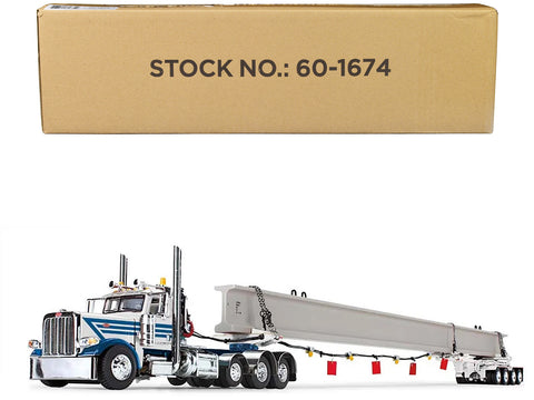 Peterbilt 389 Day Cab and ERMC 4-Axle Hydra-Steer Trailer with Bridge Beam Section Load White and Blue 1/64 Diecast Model by DCP/First Gear
