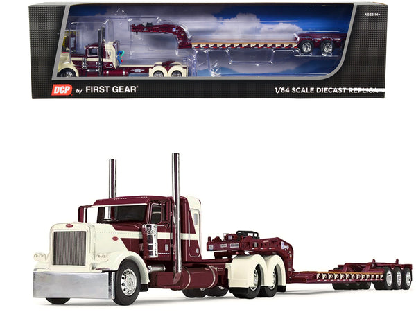 Peterbilt 389 with 36" Flat Top Sleeper and Fontaine Magnitude Tri-Axle Lowboy Trailer Beige and Burgundy "R.L. Spartz Trucking" 1/64 Diecast Model by DCP/First Gear