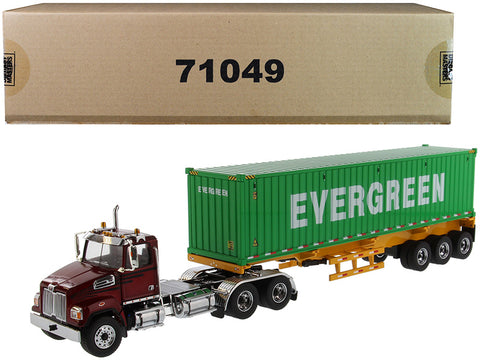 Western Star 4700 SB Tandem Truck Tractor Metallic Red with Skeleton Trailer and 40' Dry Goods Sea Container "EverGreen" "Transport Series" 1/50 Diecast Model by Diecast Masters