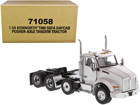Kenworth T880 SBFA Day Cab Pusher-Axle Tandem Truck Tractor White Metallic 1/50 Diecast Model by Diecast Masters