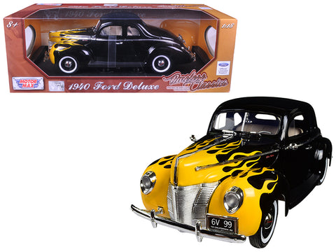 1940 Ford Deluxe Black with Yellow Flames "Timeless Classics" 1/18 Diecast Model Car by Motormax
