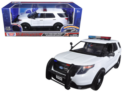 2015 Ford Police Interceptor Utility White with Flashing Light Bar, Front and Rear Lights and 2 Sounds 1/18 Diecast Model Car  by Motormax