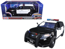 2015 Ford Police Interceptor Utility Black and White with Flashing Light Bar, Front and Rear Lights and 2 Sounds 1/18 Diecast Model Car  by Motormax