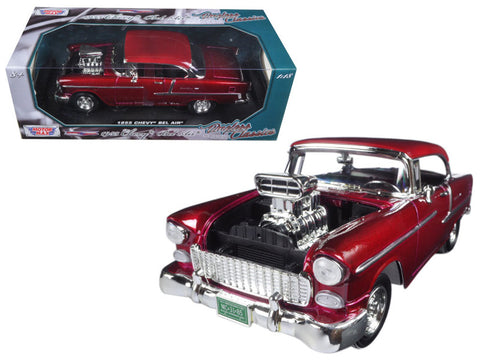 1955 Chevrolet Bel Air Burgundy With Blower "Timeless Classics" 1/18 Diecast Model Car  by Motormax