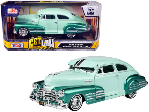 1948 Chevrolet Aerosedan Fleetside Lowrider Pastel Green and Green Metallic Two-Tone "Get Low" Series 1/24 Diecast Model Car by Motormax