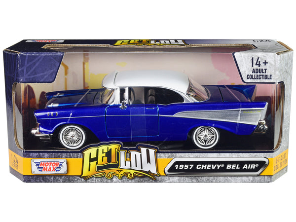 1957 Chevrolet Bel Air "Lowrider" Candy Blue with White Top "Get Low" Series 1/24 Diecast Model Car by Motormax