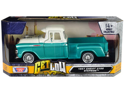 1957 Chevrolet 3100 Stepside "Lowrider" Pickup Truck Turquoise Metallic and White with White Interior "Get Low" Series 1/24 Diecast Model by Motormax