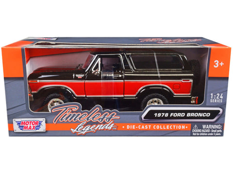1978 Ford Bronco Ranger XLT with Spare Tire Black and Red "Timeless Legends" Series 1/24 Diecast Model by Motormax