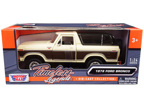 1978 Ford Bronco Ranger XLT with Spare Tire Cream and Brown with Black Camper Shell "Timeless Legends" Series 1/24 Diecast Model by Motormax