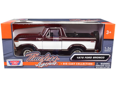 1978 Ford Bronco Ranger XLT (Open Top) with Spare Tire Burgundy Metallic and White "Timeless Legends" Series 1/24 Diecast Model by Motormax