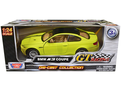 BMW M3 Coupe Neon Yellow with Matte Black Top and Stripes "GT Racing" Series 1/24 Diecast Model Car by Motormax