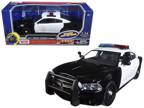2011 Dodge Charger Pursuit Police Car Black and White with Flashing Light Bar, Front and Rear Lights and 2 Sounds 1/24 Diecast Model Car by Motormax