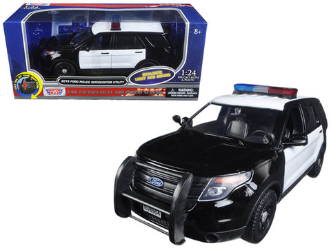 2015 Ford Police Interceptor Utility Black and White with Flashing Light Bar, Front and Rear Lights and 2 Sounds 1/24 Diecast Model Car by Motormax