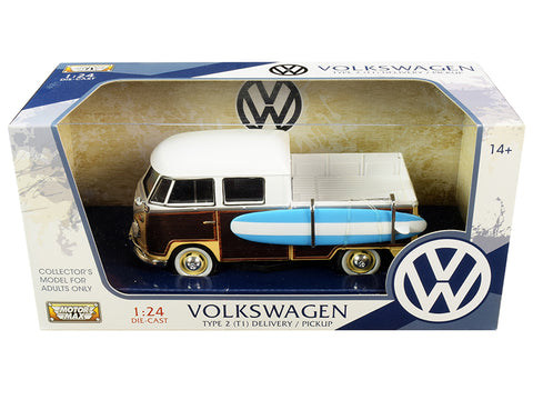 Volkswagen Type 2 (T1) Pickup White and Yellow with Wood Paneling with Surfboard 1/24 Diecast Model by Motormax