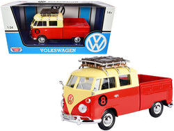 Volkswagen Type 2 (T1) #8 Pickup Truck with Roof Rack and Luggage Red and Yellow 1/24 Diecast Model by Motormax