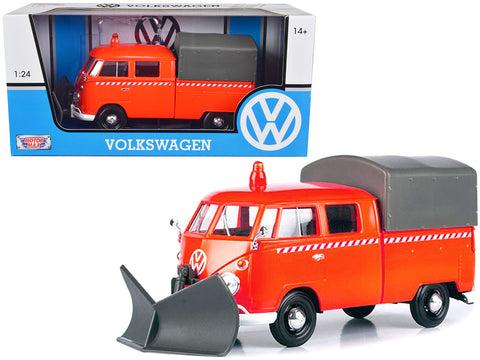 Volkswagen Type 2 (T1) Pickup Truck Orange with Snow Plow and Camper Shell 1/24 Diecast Model by Motormax