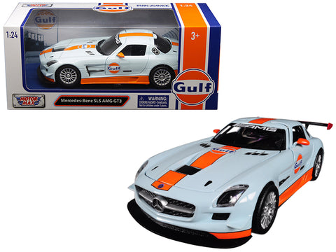 Mercedes Benz SLS AMG GT3 with "Gulf" Livery Light Blue with Orange Stripe 1/24 Diecast Model Car by Motormax