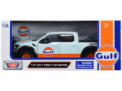 2017 Ford F-150 Raptor Pickup Truck Light Blue with Orange Stripes "Gulf Oil" "Gulf Die-Cast Collection" 1/27 Diecast Model by Motormax