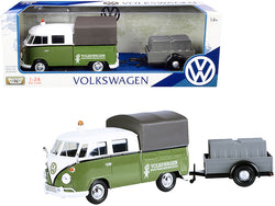 Volkswagen T1 Pickup with Canopy Green and White with Trailer "Road Service" 1/24 Diecast Model Car by Motormax