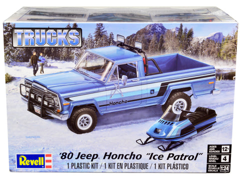 1980 Jeep Honcho Pickup Truck "Ice Patrol" with Snowmobile Plastic Model Kit (Skill Level 4) 1/24 Scale Model by Revell
