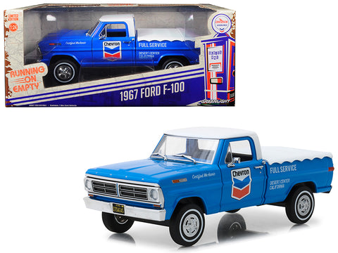 1967 Ford F-100 with Bed Cover "Chevron Full Service" Blue with White Top Running on Empty Series 1/24 Diecast Model by Greenlight