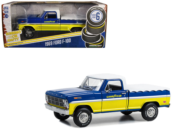 1969 Ford F-100 Pickup Truck Blue and Yellow with White Top and Bed Cover "Goodyear Tires" "Running on Empty" Series #6 1/24 Diecast Model by Greenlight