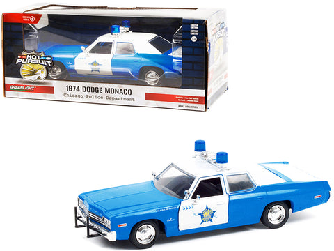 1974 Dodge Monaco Blue and White "Chicago Police Department -CPD" (Illinois) "Hot Pursuit" Series 1/24 Diecast Model Car by Greenlight