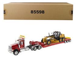 International HX520 Tandem Tractor Red with XL 120 Lowboy Trailer and CAT Caterpillar 12M3 Motor Grader (2 Piece Set) 1/50 Diecast Models by Diecast Masters
