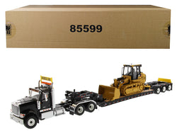 International HX520 Tandem Tractor Black with XL 120 Lowboy Trailer and CAT Caterpillar 963K Track Loader (2 Piece Set) 1/50 Diecast Models by Diecast Masters