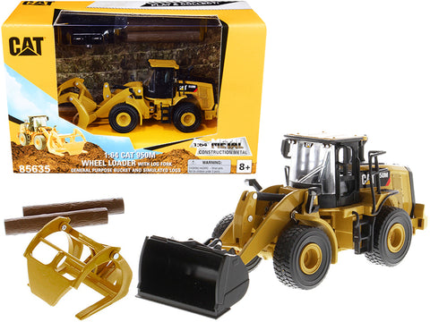 CAT Caterpillar 950M Wheel Loader with Bucket and Log Fork with Two Log Poles "Play & Collect!" 1/64 Diecast Model by Diecast Masters