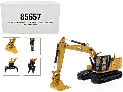 Cat Caterpillar 323 Hydraulic Excavator Next Generation Design with Operator and 4 Work Tools High Line Series 1/50 Diecast Model by Diecast Masters