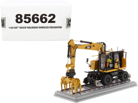 CAT Caterpillar M323F Railroad Wheeled Excavator with Operator and 3 Work Tools (CAT Yellow Version) High Line Series 1/50 Diecast Model by Diecast Masters