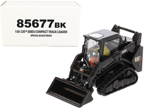 CAT Caterpillar 259D3 Skid Steer Loader with Work Tools and Operator Special Black Paint High Line Series 1/50 Diecast Model by Diecast Masters