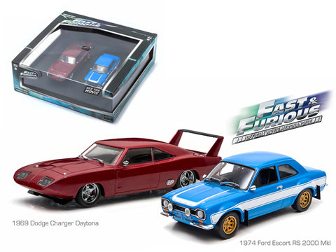 1969 Dodge Charger Daytona and 1974 Ford Escort RS 2000 Mkl "The Fast and The Furious" Movie (2 Piece Diorama Set) 1/43 Diecast Model Cars by Greenlight